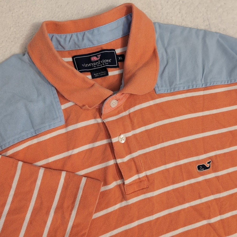 VINEYARD VINES Men's Orange White Striped Short Sleeve Pique Polo Shirt Sz XL